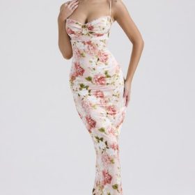 Josefina Pink Peony Print Satin Maxi Dress - Image 7