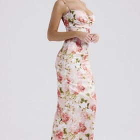 Josefina Pink Peony Print Satin Maxi Dress - Image 8