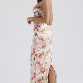 Josefina Pink Peony Print Satin Maxi Dress - Image 9