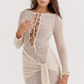 Carmelita Natural Knit Lace Up Dress - Image 8