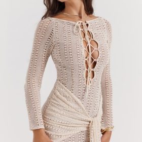 Carmelita Natural Knit Lace Up Dress - Image 11