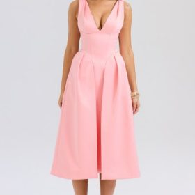 Paloma Peach Satin Pleated Midi Dress - Image 5