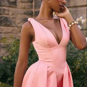 Paloma Peach Satin Pleated Midi Dress - Image 6