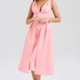 Paloma Peach Satin Pleated Midi Dress - Image 7
