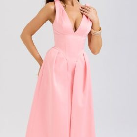 Paloma Peach Satin Pleated Midi Dress - Image 8