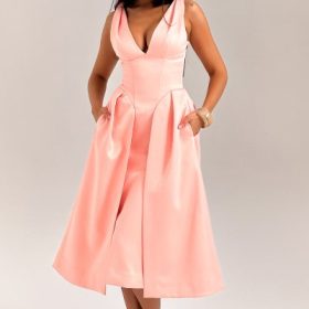 Paloma Peach Satin Pleated Midi Dress - Image 14