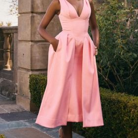 Paloma Peach Satin Pleated Midi Dress - Image 15