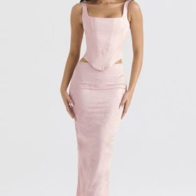 Luisette Pink Metallic Floral Satin Midi Skirt - Image 5