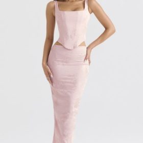 Luisette Pink Metallic Floral Satin Midi Skirt - Image 7