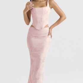 Luisette Pink Metallic Floral Satin Midi Skirt - Image 8