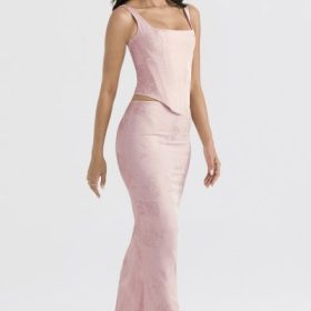 Luisette Pink Metallic Floral Satin Midi Skirt - Image 9