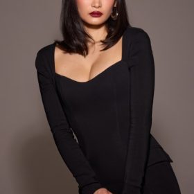 Ella Black Stretch Crepe Long Sleeve Midi Dress