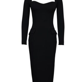 Ella Black Stretch Crepe Long Sleeve Midi Dress - Image 2