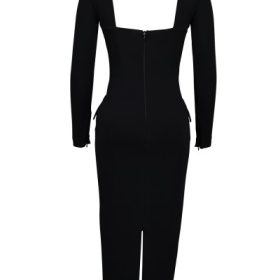 Ella Black Stretch Crepe Long Sleeve Midi Dress - Image 4