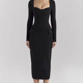 Ella Black Stretch Crepe Long Sleeve Midi Dress - Image 7