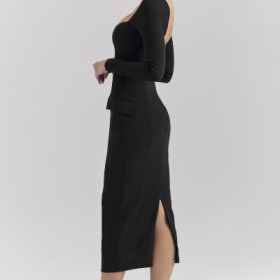 Ella Black Stretch Crepe Long Sleeve Midi Dress - Image 8