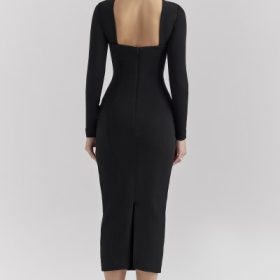 Ella Black Stretch Crepe Long Sleeve Midi Dress - Image 9
