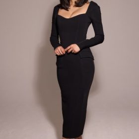 Ella Black Stretch Crepe Long Sleeve Midi Dress - Image 11