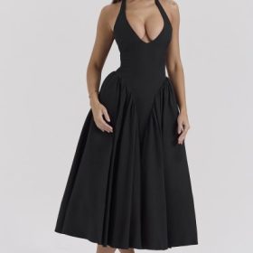 Marilyn Black Twill Halter Midi Dress - Image 5