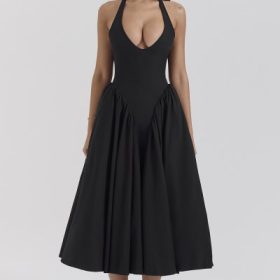 Marilyn Black Twill Halter Midi Dress - Image 7