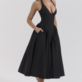 Marilyn Black Twill Halter Midi Dress - Image 9