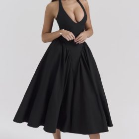Marilyn Black Twill Halter Midi Dress - Image 10